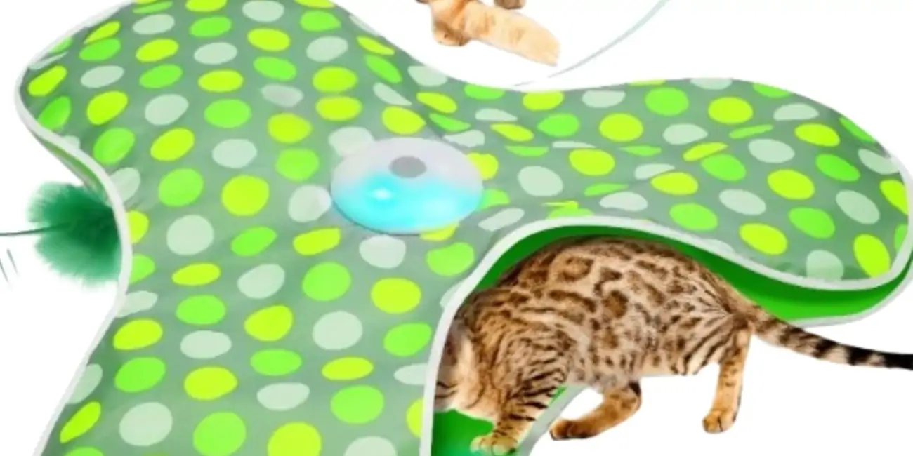 Juguete interactivo Kory para gatos con manta para escondite y plumas móviles