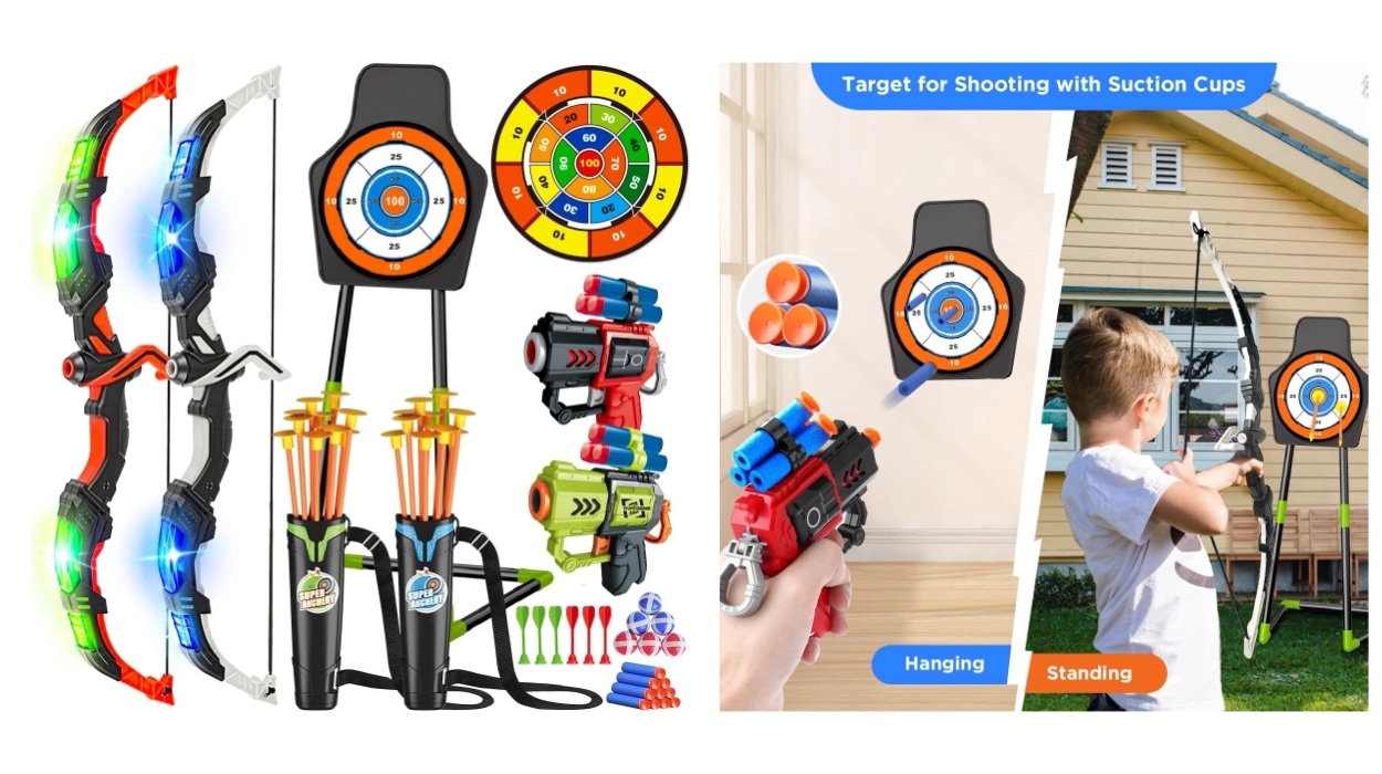 juguetes LED de tiro con arcos luminosos, pistolas, flechas y dianas