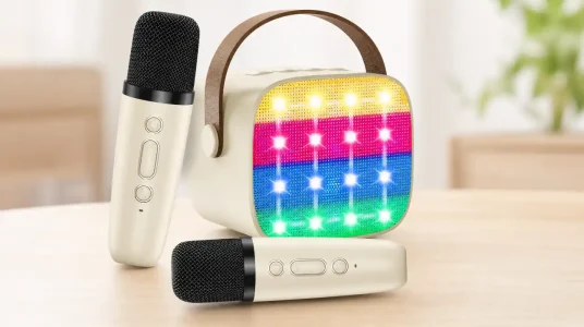 Karaoke infantil con 2 micrófonos inalámbricos, Bluetooth y luces LED