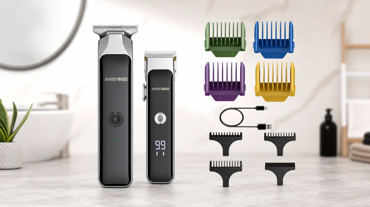 Recortadora inalámbrica Barberboss con cuchillas de cerámica, 7 peines y carga USB