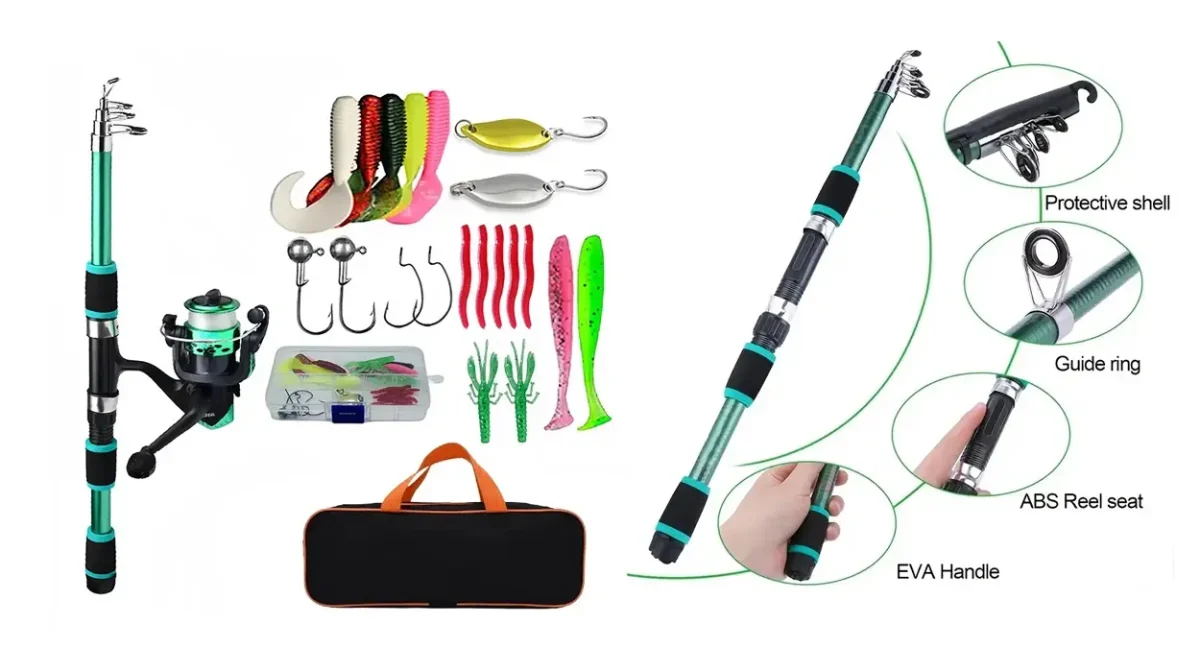 Kit completo de pesca con caña telescópica, cebos, anzuelos y maletín