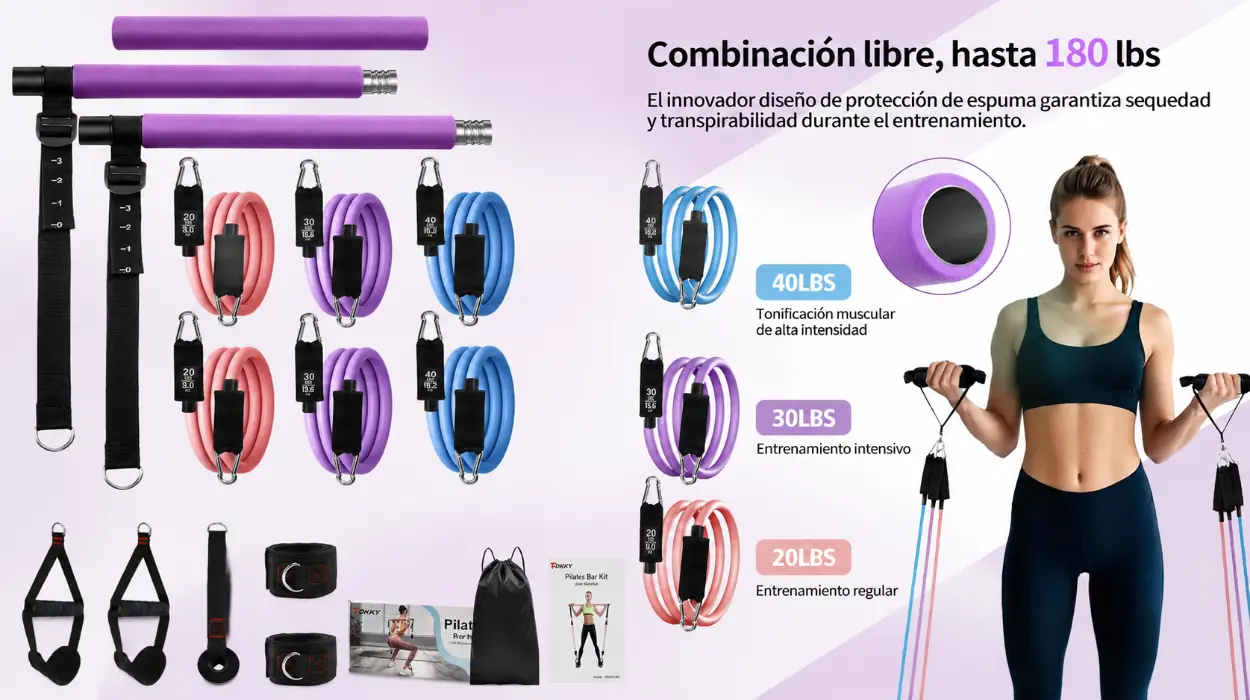 Tu gimnasio portátil: kit de fuerza y musculación Fokky con barra desmontable y 6 gomas elásticas