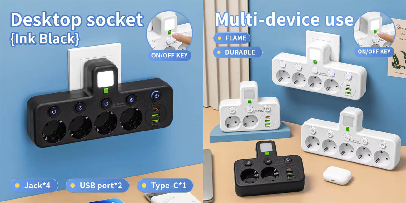 Ladrón múltiple de enchufes con luz, 4 tomas, 2x USB y USB-C