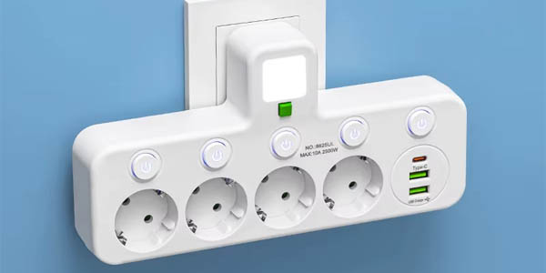 Ladrón múltiple de enchufes con luz, 4 tomas, 2x USB y USB-C
