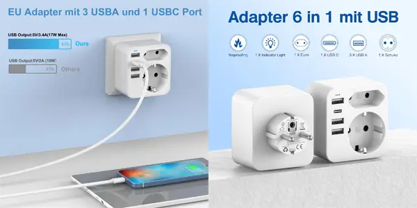 Ladrón de enchufes Septseven con 2 tomas, 2x USB y USB-C