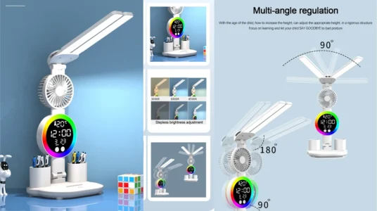 lámpara de mesa LED con reloj y ventilador