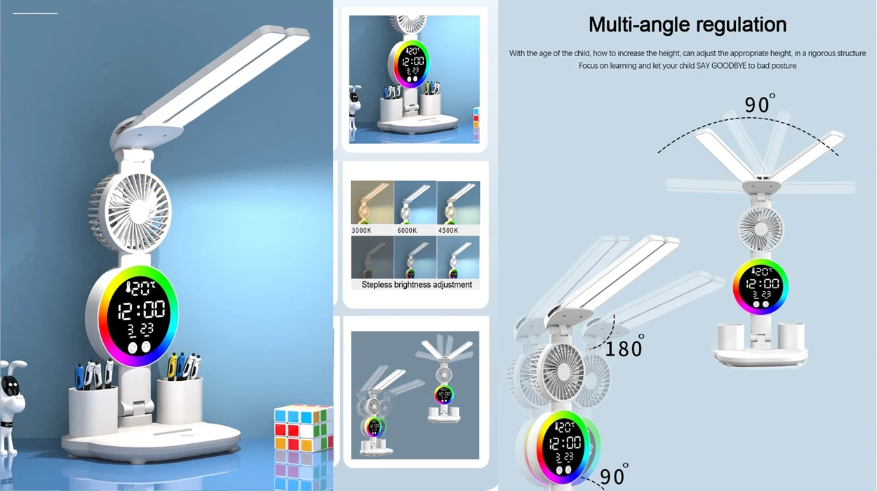 lámpara de mesa LED con reloj y ventilador