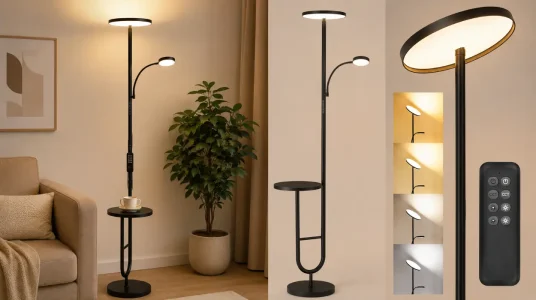 Lámpara de pie LED con mesa de LuminexDesigns, 36W+7W, regulable con mando y cabezal giratorio