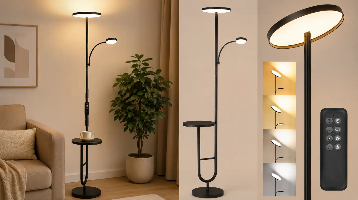 Mejora tu salón con la lámpara LED de pie LuminexDesigns: mesa incorporada, regulable y cabezal giratorio