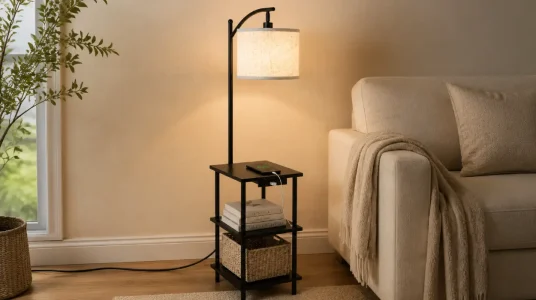 Lámpara de pie vintage LuminexDesigns con estantes y estación de carga para salón y dormitorio