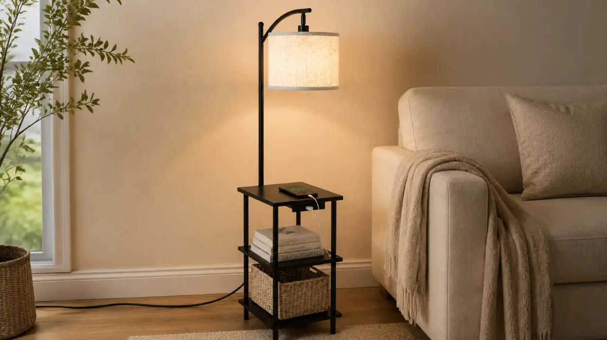 Lámpara de pie vintage LuminexDesigns con estantes y estación de carga para salón y dormitorio