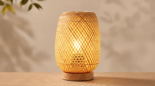Lámpara de mesa Barcelona LED Ruka de mimbre y madera con casquillo E27