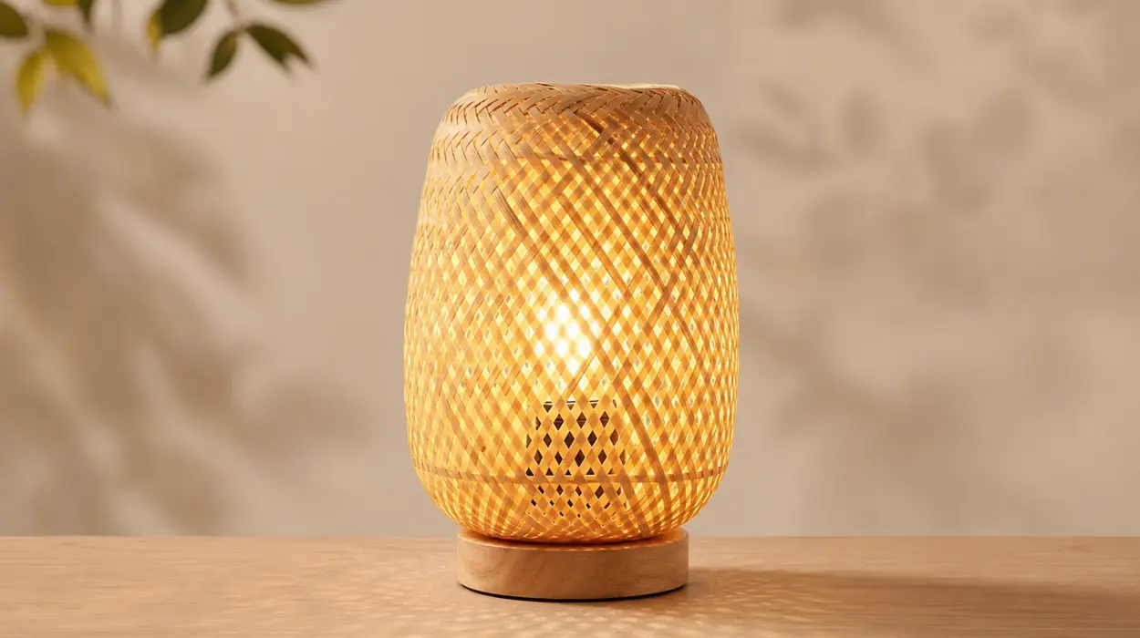 Lámpara de mesa Barcelona LED Ruka de mimbre y madera con casquillo E27