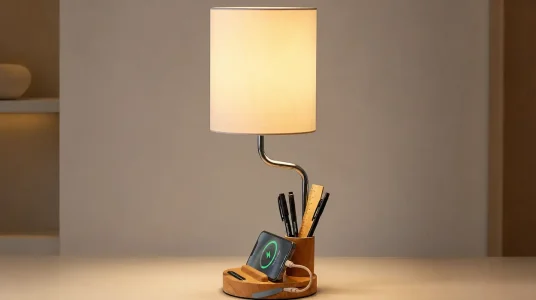 Lámpara de mesa inalámbrica OUTON con portalápices, pantalla de tela, regulable y recargable