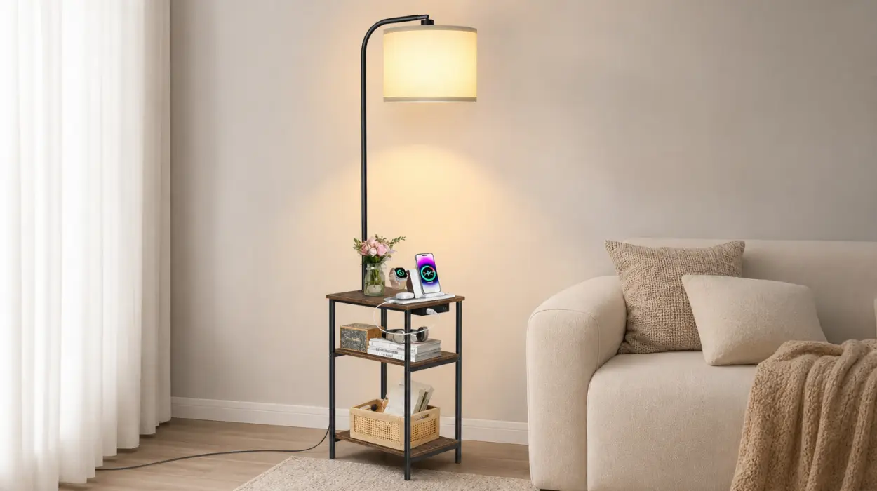 Lámpara de pie OUTONLIFE con mesa, LED regulable y carga USB