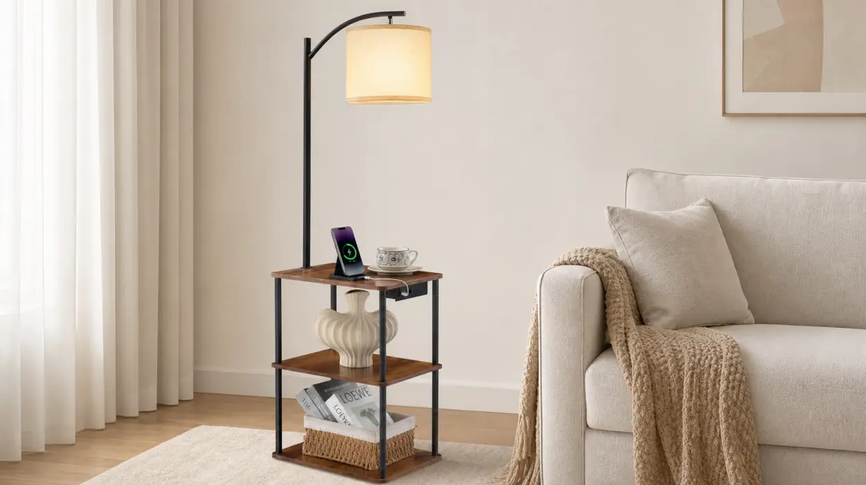Lámpara de pie LED con mesa auxiliar, estantes y puertos USB-A y C
