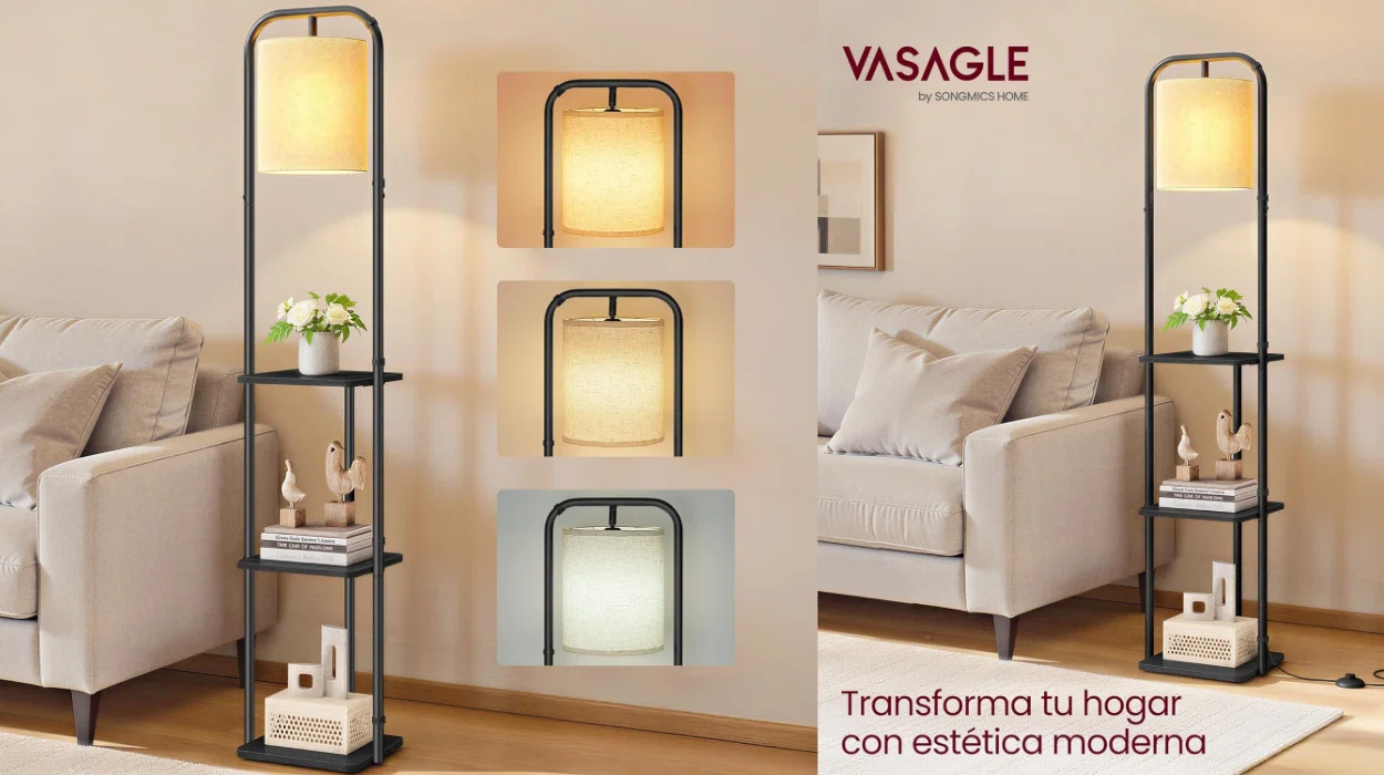 Lámpara de pie Vasagle con estantes y bombilla LED 