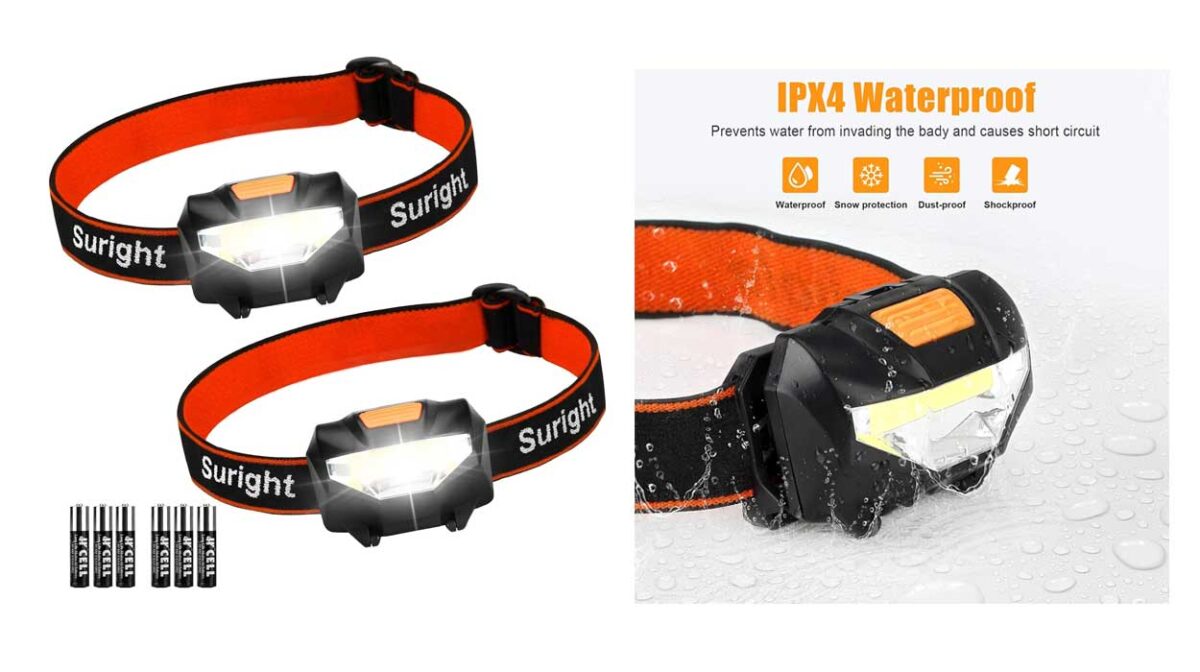 Pack x2 Linternas frontales LED Suright con 3 modos de luz e impermeables