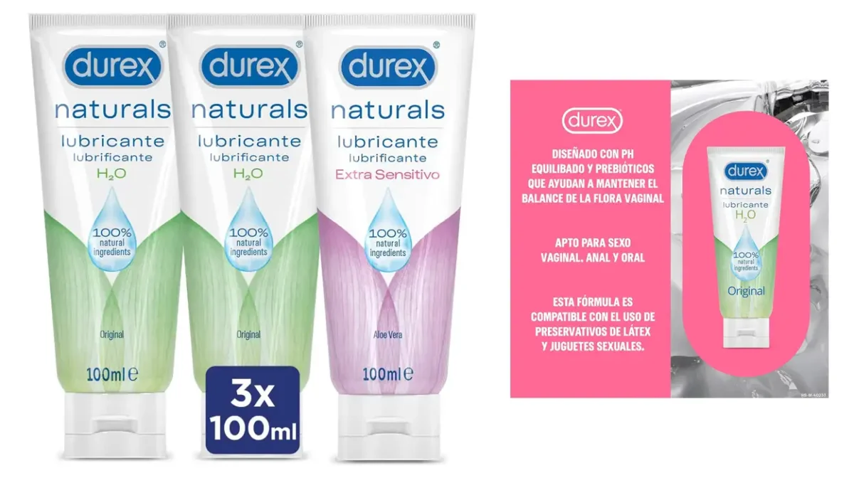 Pack x3 lubricante a base de agua Durex Naturals de 100 ml