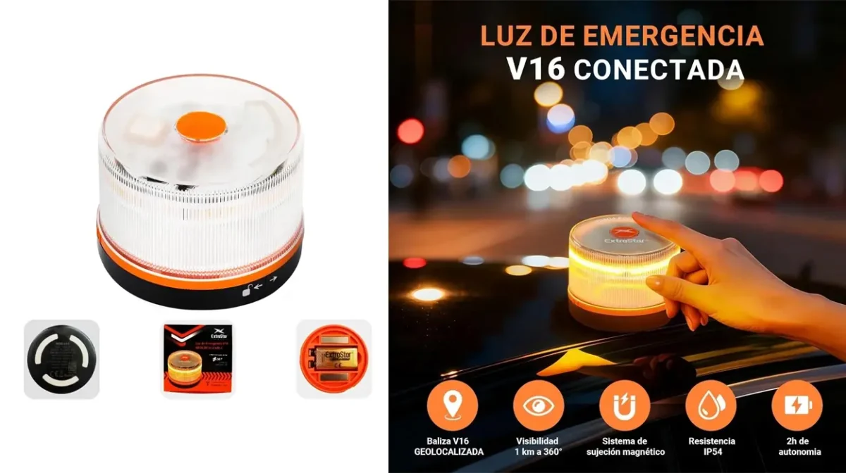 Luz de emergencia Baliza V16 Hibron Extrastar homologada DGT 3.0 con geolocalización