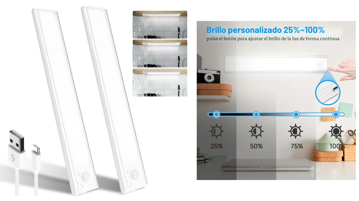 2 luces LED recargables con sensor de movimiento de 24 cm y 39 LEDs para cocina y armarios