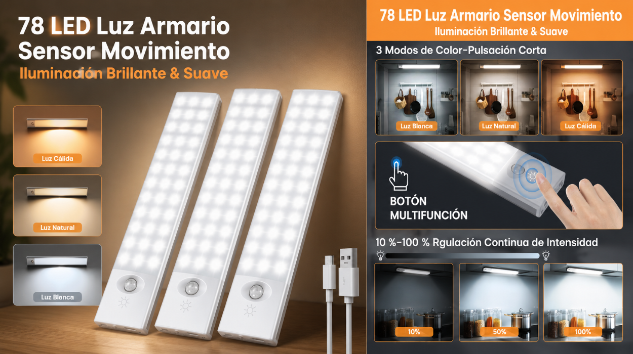 3 luz LED con sensor de movimiento para armarios y cocinas