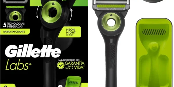 Chollo Maquinilla de afeitar GilletteLabs Neon Night Edition con 2 recambios, colgador de pared y estuche de viaje