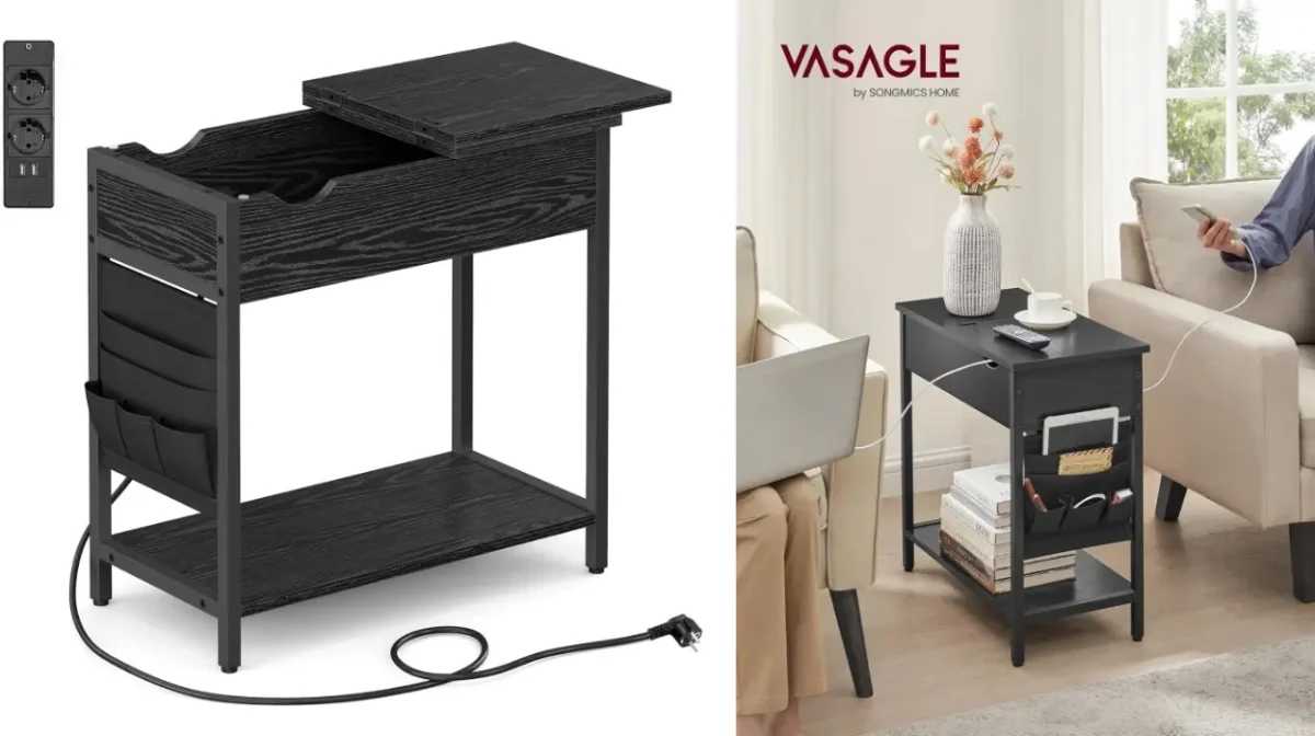 Mesa auxiliar Vasagle con enchufe y puertos USB, perfecta para sala de estar o dormitorio
