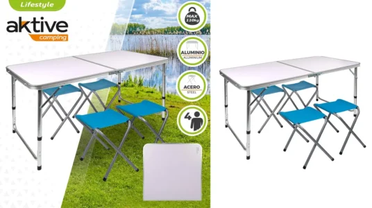 AKTIVE Mesa plegable portátil camping con 4 taburetes barata