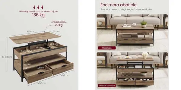 Mesa de centro elevable Vasagle con cajones oferta