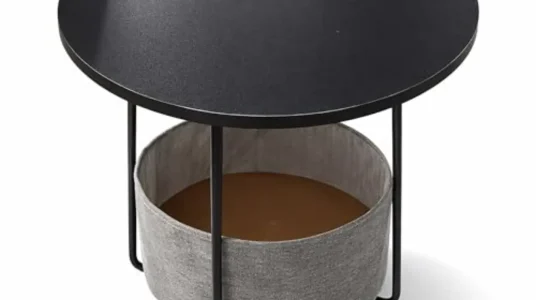 Mesa auxiliar redonda Relaxdays con cesta de tela en negro y gris