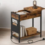 Mesa auxiliar Relaxdays con enchufes y USB, estilo industrial y bolsillo lateral