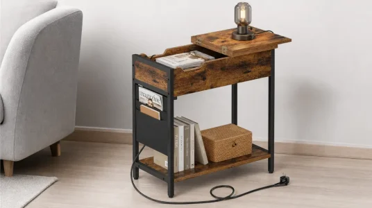 Mesa auxiliar Relaxdays con enchufes y USB, estilo industrial y bolsillo lateral