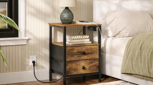 mesita de noche con estación de carga y dos cajones