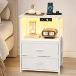 Mesitas de noche Coleshome con enchufe, 2 puertos USB y luces LED. Diseño compacto con 2 cajones de tela