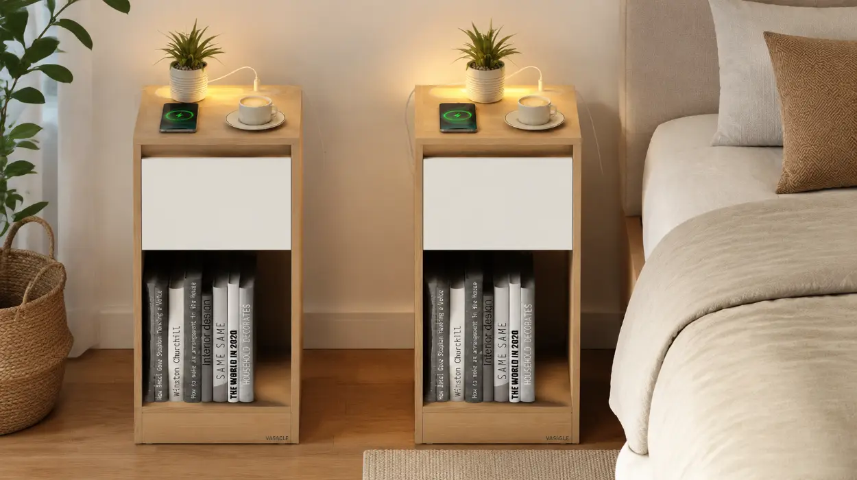 Juego de 2 mesitas de noche Vasagle Kailyn con luz LED, USB-A y USB-C
