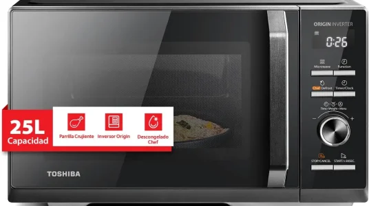 Microondas Toshiba de 25L con grill y tecnología inverter, control preciso y 10 niveles de potencia