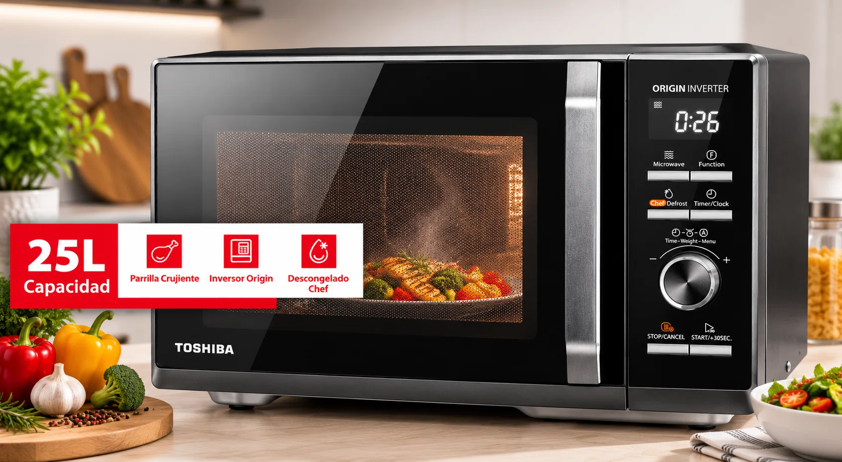 Microondas Toshiba de 25L con grill y tecnología inverter