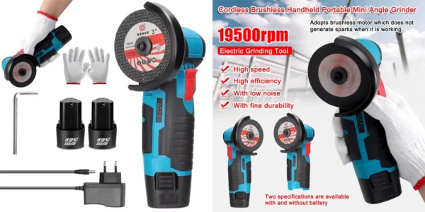 Mini amoladora angular recargable con 2 baterías y accesorios