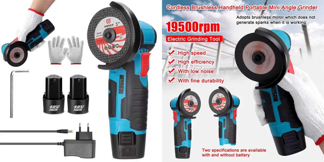Mini amoladora angular recargable con 2 baterías y accesorios