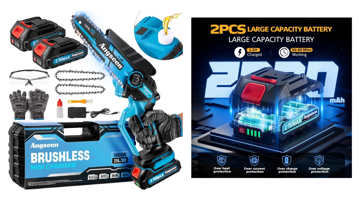 mini motosierra eléctrica a batería Angseeen de 1.000W con accesorios
