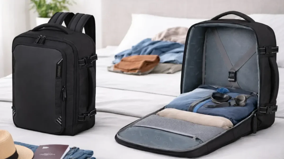 Mochila de cabina American Tourister para Ryanair, Vueling y Wizz Air resistente y segura con compartimento para portátil