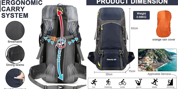 mochila de senderismo Jianyana de 50 litros con cubierta para lluvia oferta
