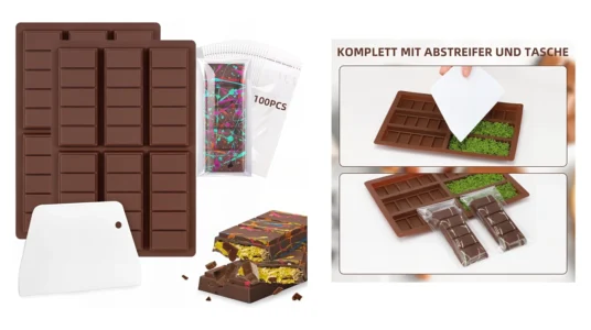 moldes de silicona Bugucat para chocolate con bolsas de embalaje y raspador