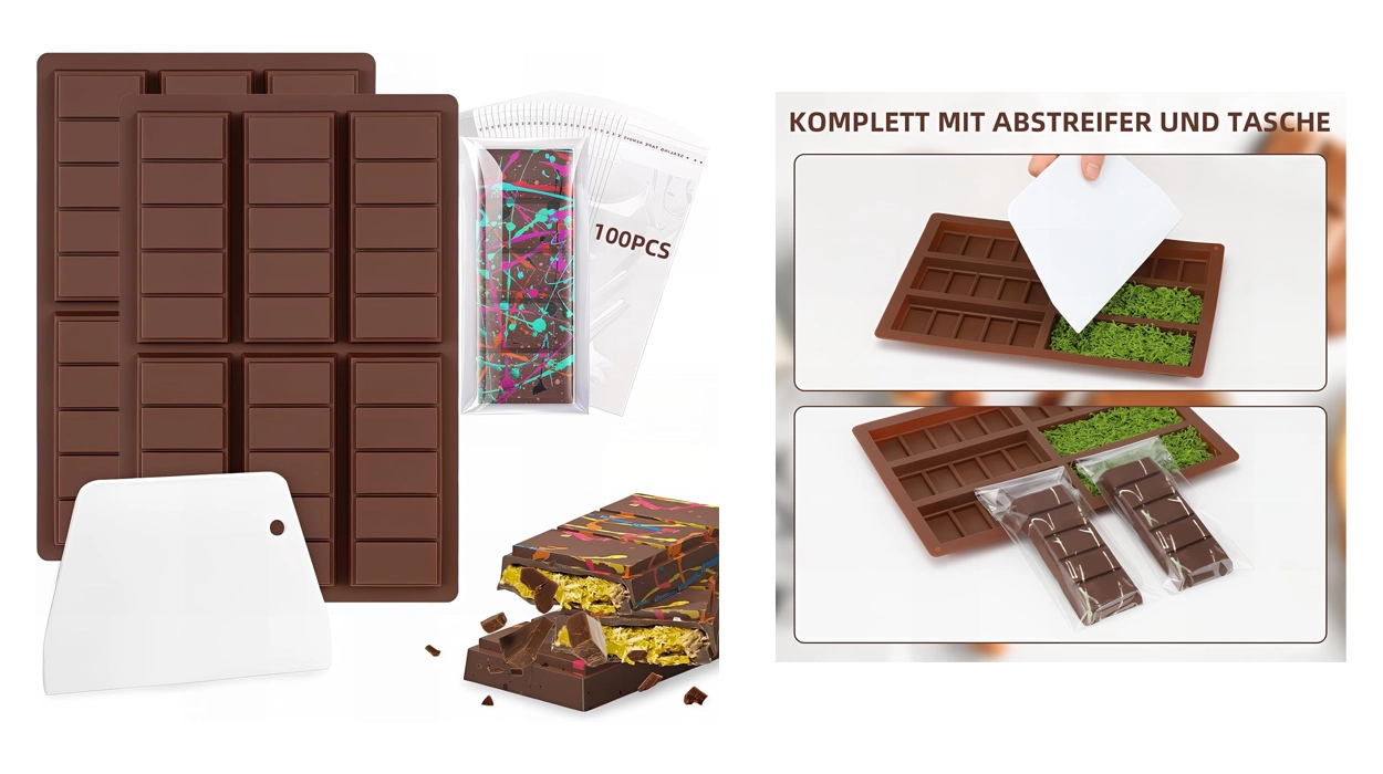 moldes de silicona Bugucat para chocolate con bolsas de embalaje y raspador