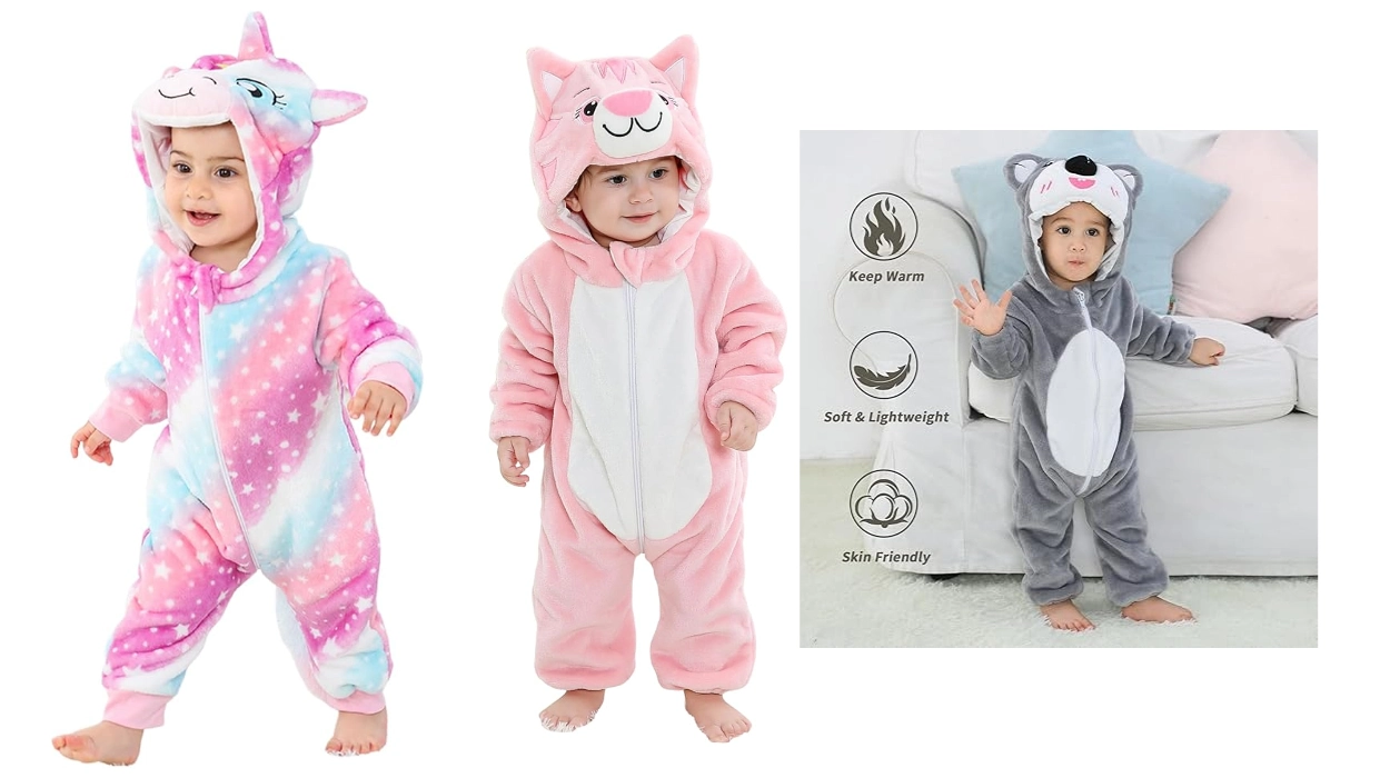 monos de franela calentitos con diseño de animales para bebés