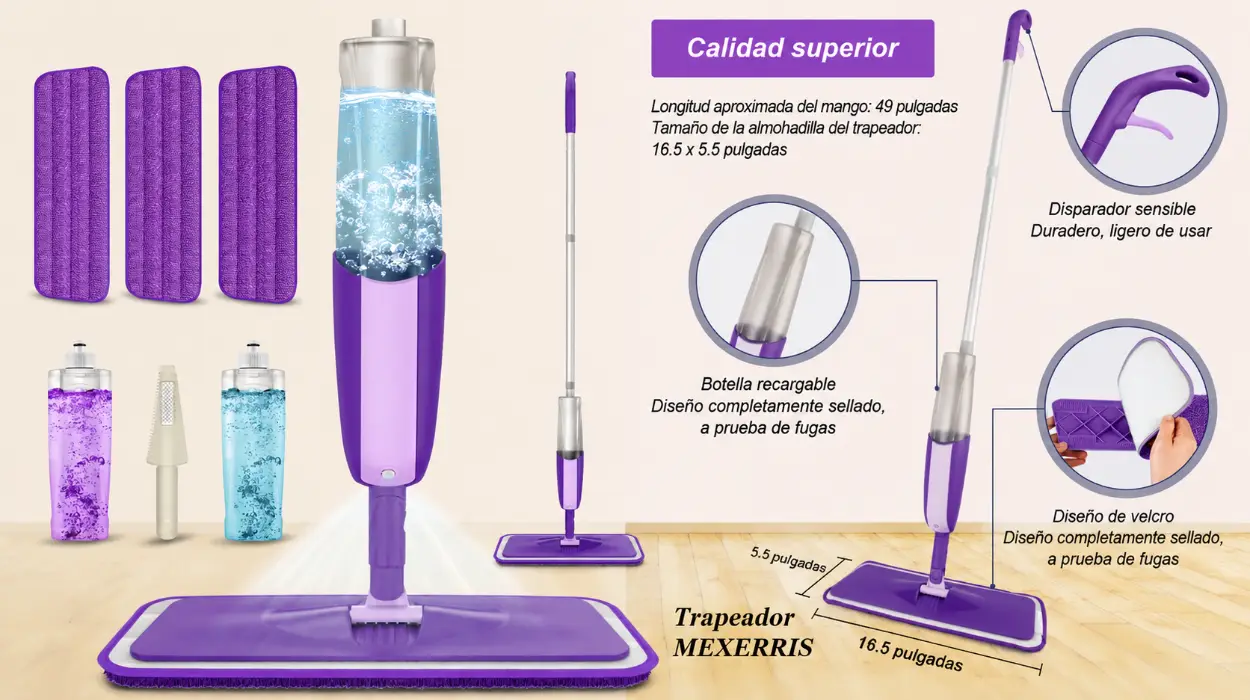 Limpia sin cargar con el cubo: mopa fregona MEXERRIS con pulverizador y 3 almohadillas