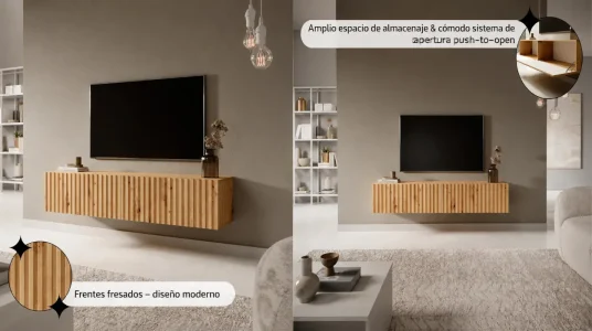 Mueble de TV colgante Selsey Telire en roble artesano con frente de lamas y 140 cm de ancho