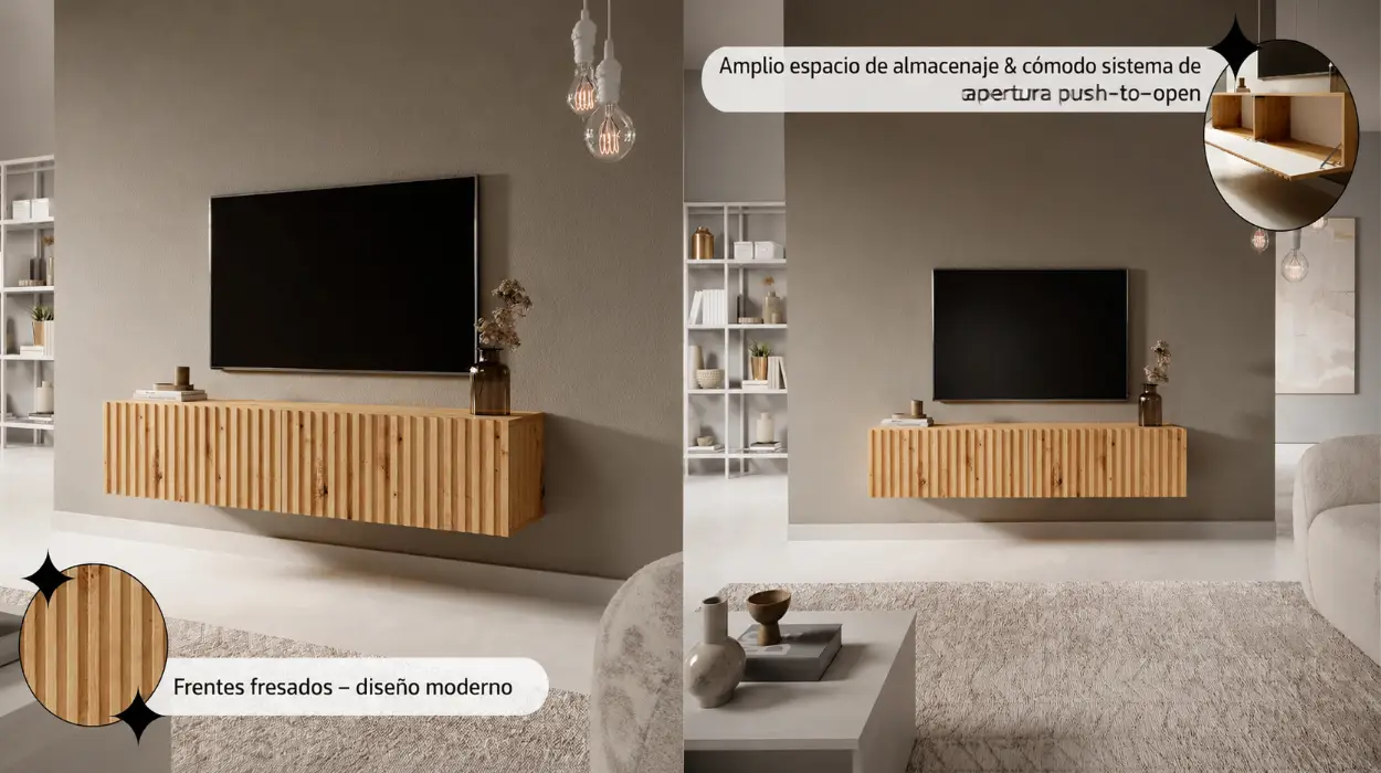 Mueble de TV colgante Selsey Telire en roble artesano de 140 cm