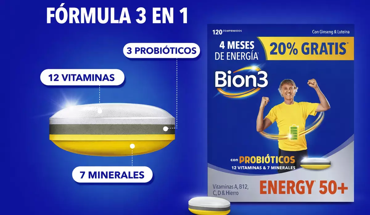 Multivitamínico Bion3 Energy 50+ con probióticos y vitaminas, apoyo para la energía física y mental